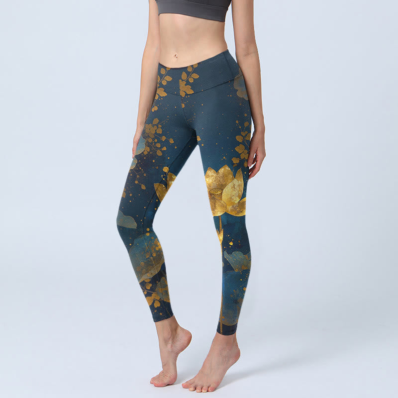Eleganckie, dostojne legginsy do jogi damskie z nadrukiem w kwiaty lotosu i plamkami na liściach. Buddha Stones. - Stalowoniebieski - US18, UK/AU22, EU50 (4XL) - image 0