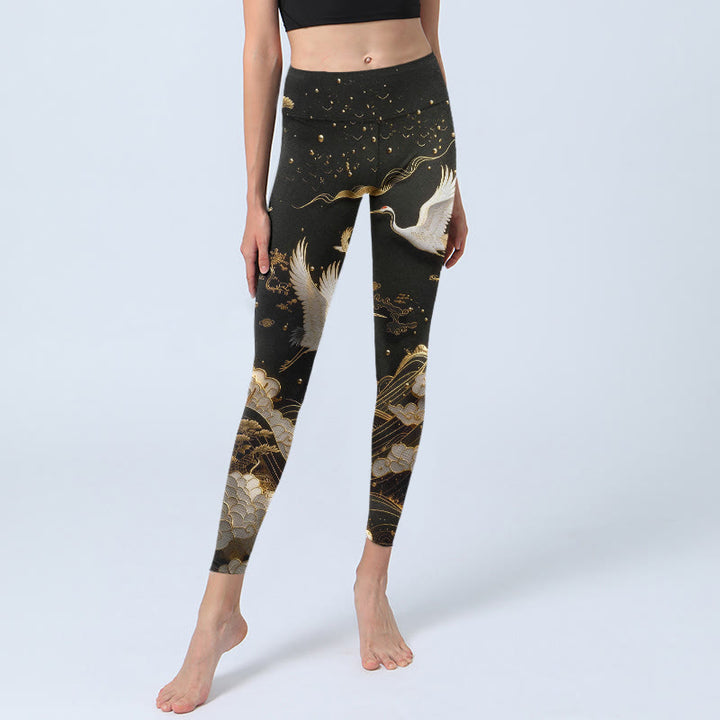 Damskie legginsy do jogi, wzór z Buddha Stones, chmurami, falami i sosną, z delikatnymi liniami - image 5