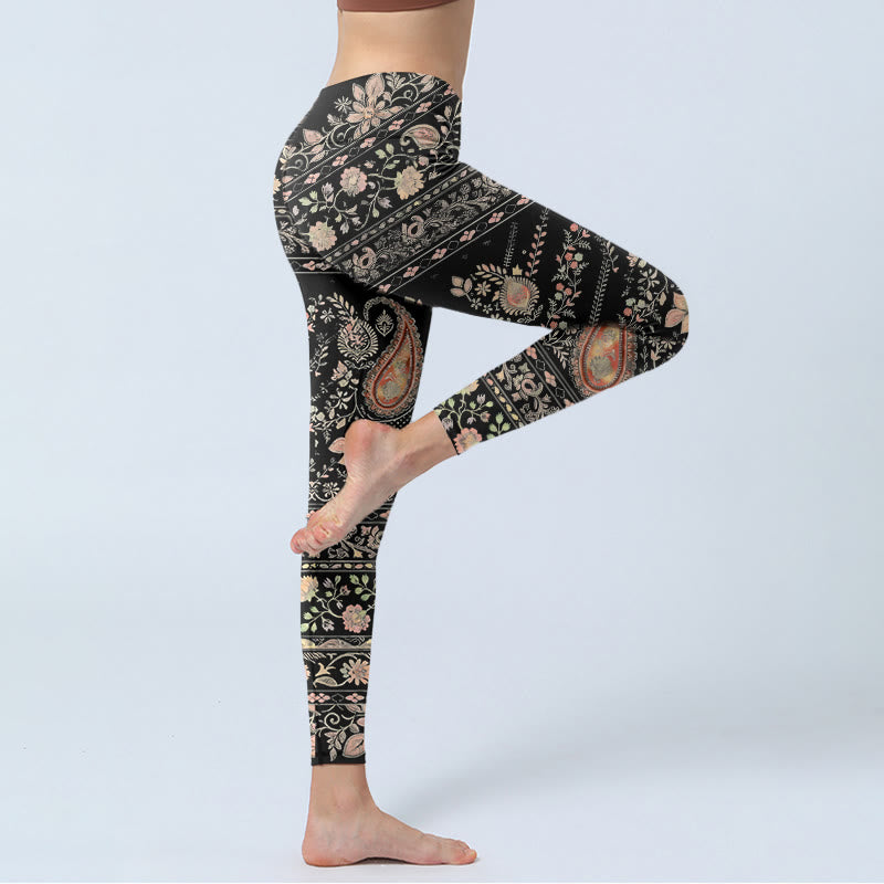 Legginsy do jogi damskie z nadrukiem w kwiaty i liście winorośli w stylu retro z Buddha Stones - image 3