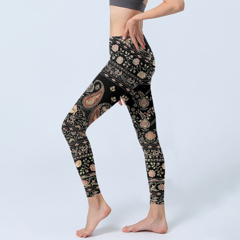 Legginsy do jogi damskie z nadrukiem w kwiaty i liście winorośli w stylu retro z Buddha Stones - image 2