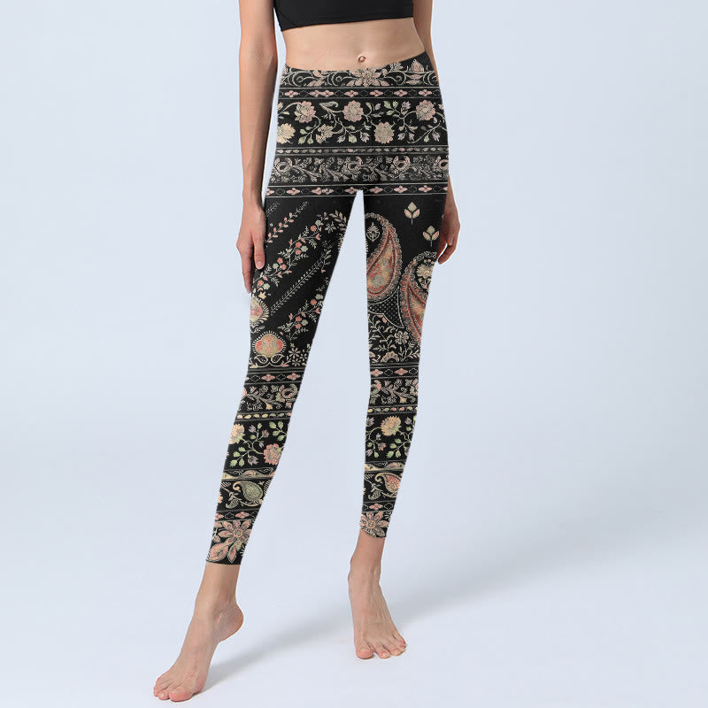 Legginsy do jogi damskie z nadrukiem w kwiaty i liście winorośli w stylu retro z Buddha Stones - image 5