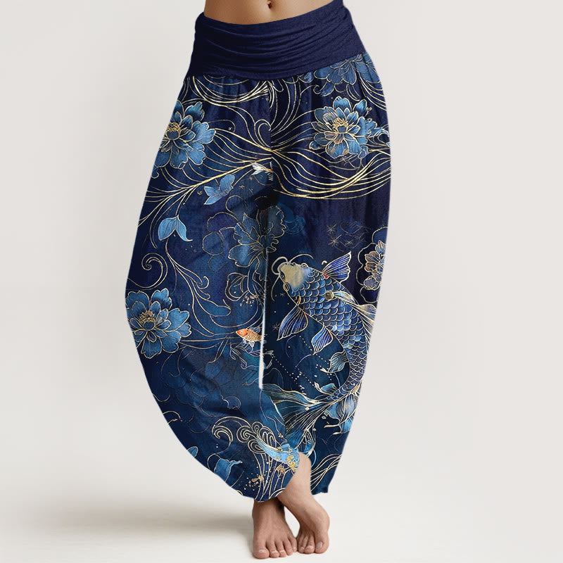 Spodnie haremowe damskie z elastycznej talii z motywem ryby koi i piwonii z kamieniami Buddha Stones z czystej bawełny - Marynarka wojenna - US16, UK/AU20, EU48 (3XL) - image 0