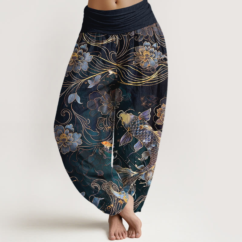Spodnie haremowe damskie z elastycznej talii z motywem ryby koi i piwonii z kamieniami Buddha Stones z czystej bawełny - Czarny - US16, UK/AU20, EU48 (3XL) - image 5