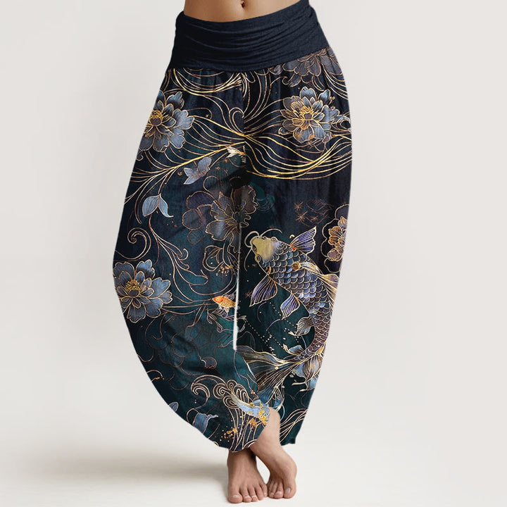 Spodnie haremowe damskie z elastycznej talii z motywem ryby koi i piwonii z kamieniami Buddha Stones z czystej bawełny - Czarny - US16, UK/AU20, EU48 (3XL) - image 5
