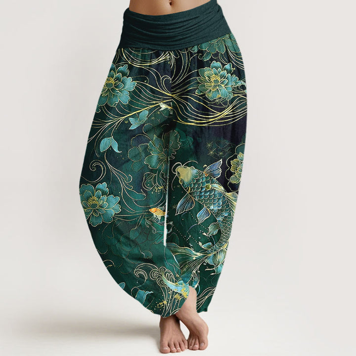 Spodnie haremowe damskie z elastycznej talii z motywem ryby koi i piwonii z kamieniami Buddha Stones z czystej bawełny - Ciemnozielony - US16, UK/AU20, EU48 (3XL) - image 8