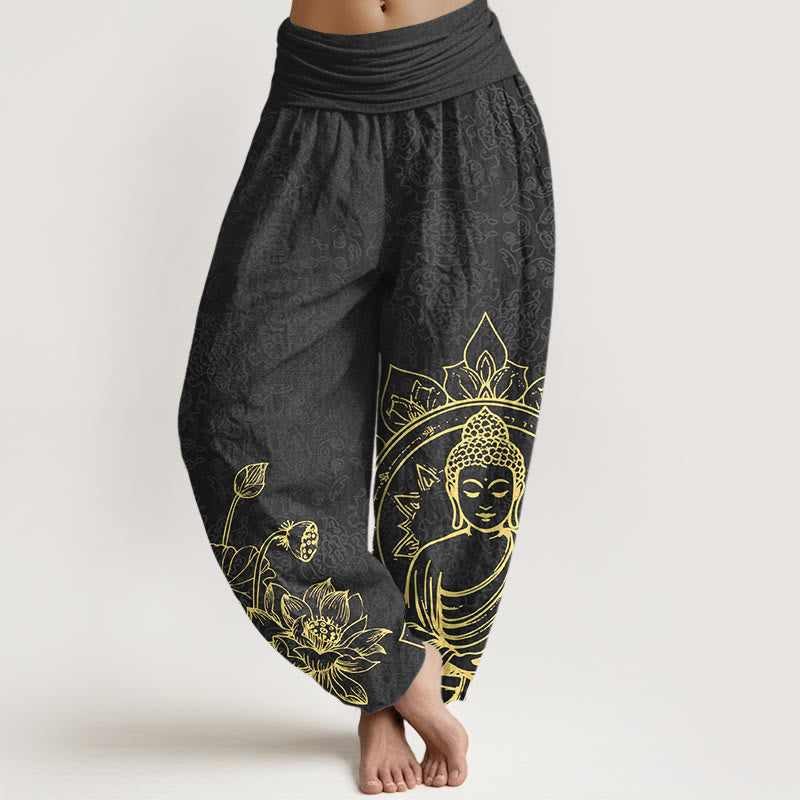 Buddha Stones z czystej bawełny, klasyczny wzór kwiatu lotosu, liść, wzór Buddy, damskie spodnie haremowe z elastyczną talią - Czarny - US16, UK/AU20, EU48 (3XL) - image 8