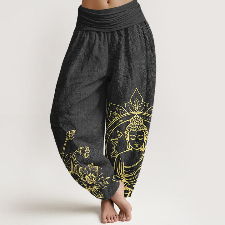 Buddha Stones z czystej bawełny, klasyczny wzór kwiatu lotosu, liść, wzór Buddy, damskie spodnie haremowe z elastyczną talią - Czarny - US16, UK/AU20, EU48 (3XL) - image 8