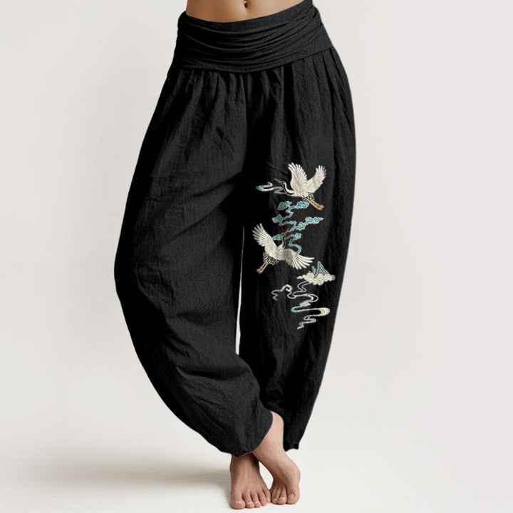 Eleganckie Buddha Stones damskie z elastyczną talią i wzorem chmurki żurawia z czystej bawełny - Czarny - US16, UK/AU20, EU48 (3XL) - image 0