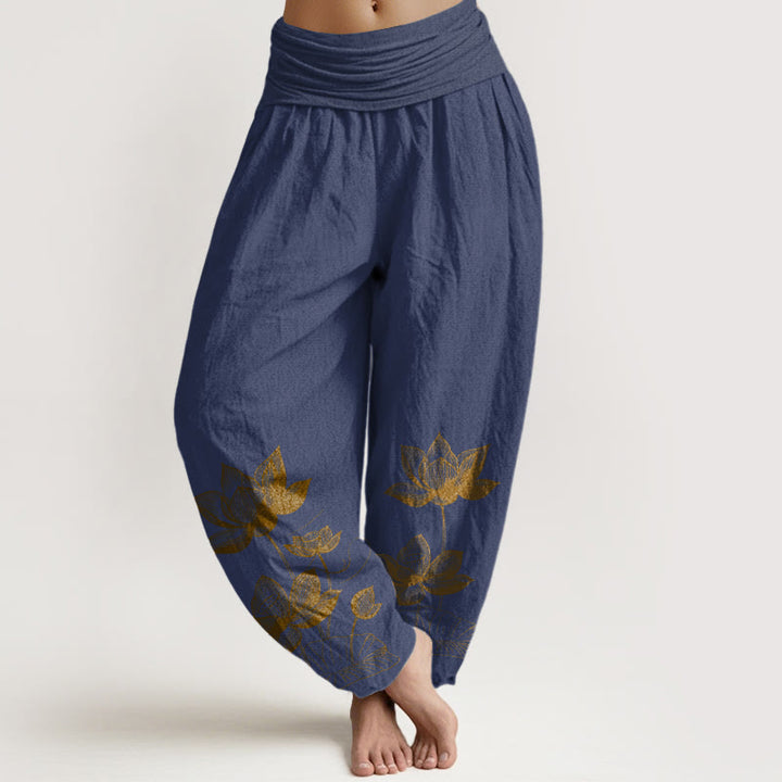 Spodnie haremowe damskie z elastyczną talią i wzorem kwiatu lotosu z czystej bawełny z Buddha Stones - DarkSlateBlue - US16, UK/AU20, EU48 (3XL) - image 5