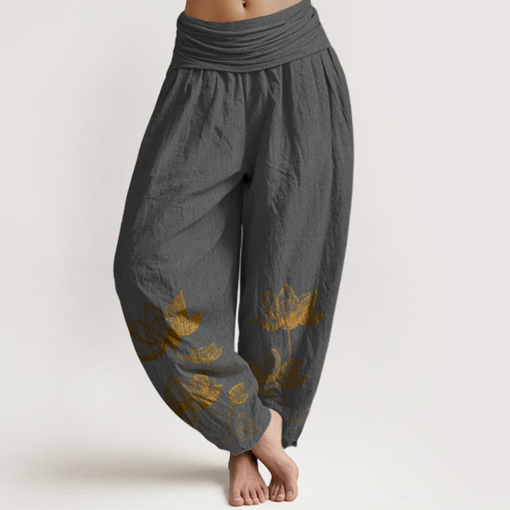 Spodnie haremowe damskie z elastyczną talią i wzorem kwiatu lotosu z czystej bawełny z Buddha Stones - DimGray - US16, UK/AU20, EU48 (3XL) - image 8
