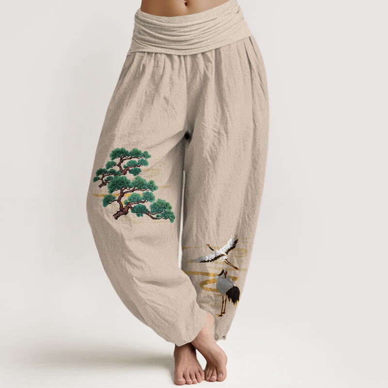 Buddha Stones, czysta bawełna, eleganckie kolory, wzór sosny i żurawia, damskie spodnie haremowe z elastyczną talią - Dębnik - US16, UK/AU20, EU48 (3XL) - image 0