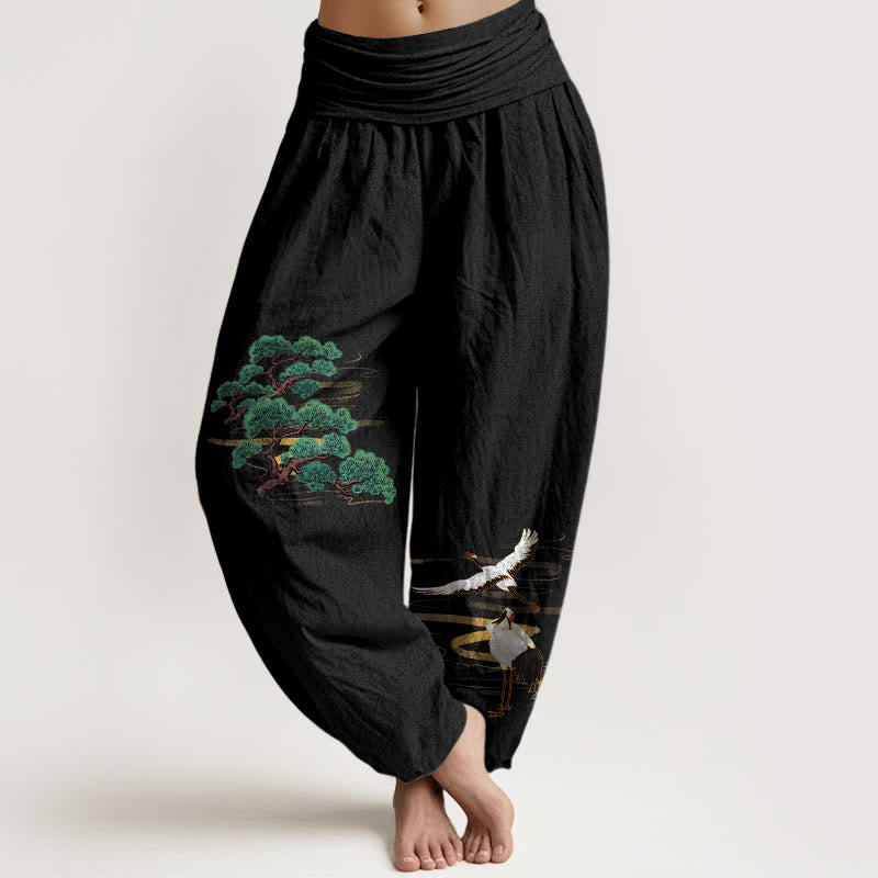 Buddha Stones, czysta bawełna, eleganckie kolory, wzór sosny i żurawia, damskie spodnie haremowe z elastyczną talią - Czarny - US16, UK/AU20, EU48 (3XL) - image 5