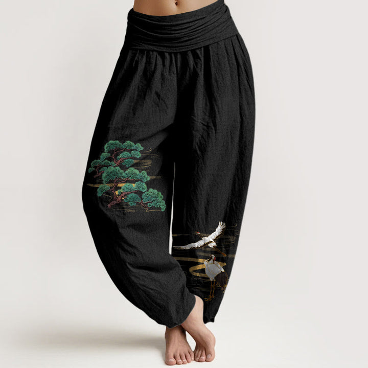 Buddha Stones, czysta bawełna, eleganckie kolory, wzór sosny i żurawia, damskie spodnie haremowe z elastyczną talią - Czarny - US16, UK/AU20, EU48 (3XL) - image 5