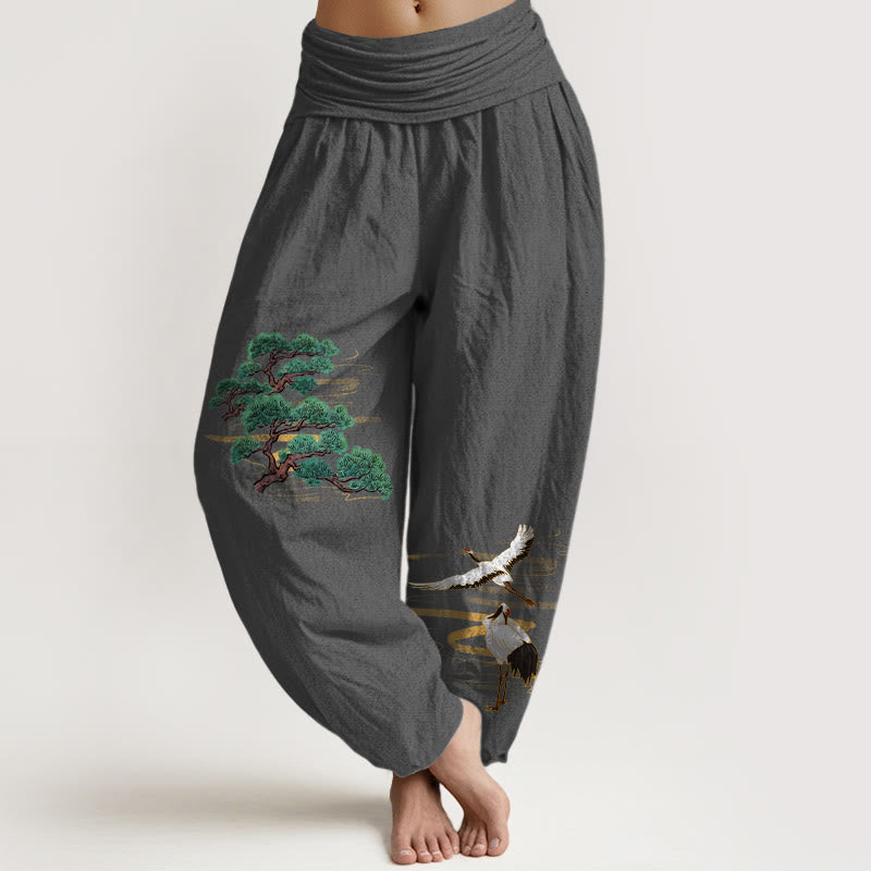Buddha Stones, czysta bawełna, eleganckie kolory, wzór sosny i żurawia, damskie spodnie haremowe z elastyczną talią - DimGray - US16, UK/AU20, EU48 (3XL) - image 11