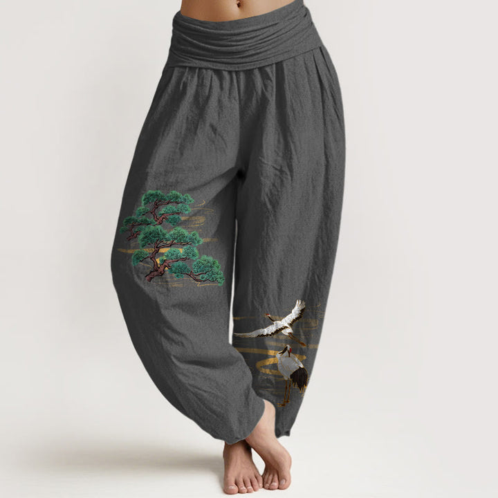 Buddha Stones, czysta bawełna, eleganckie kolory, wzór sosny i żurawia, damskie spodnie haremowe z elastyczną talią - DimGray - US16, UK/AU20, EU48 (3XL) - image 11