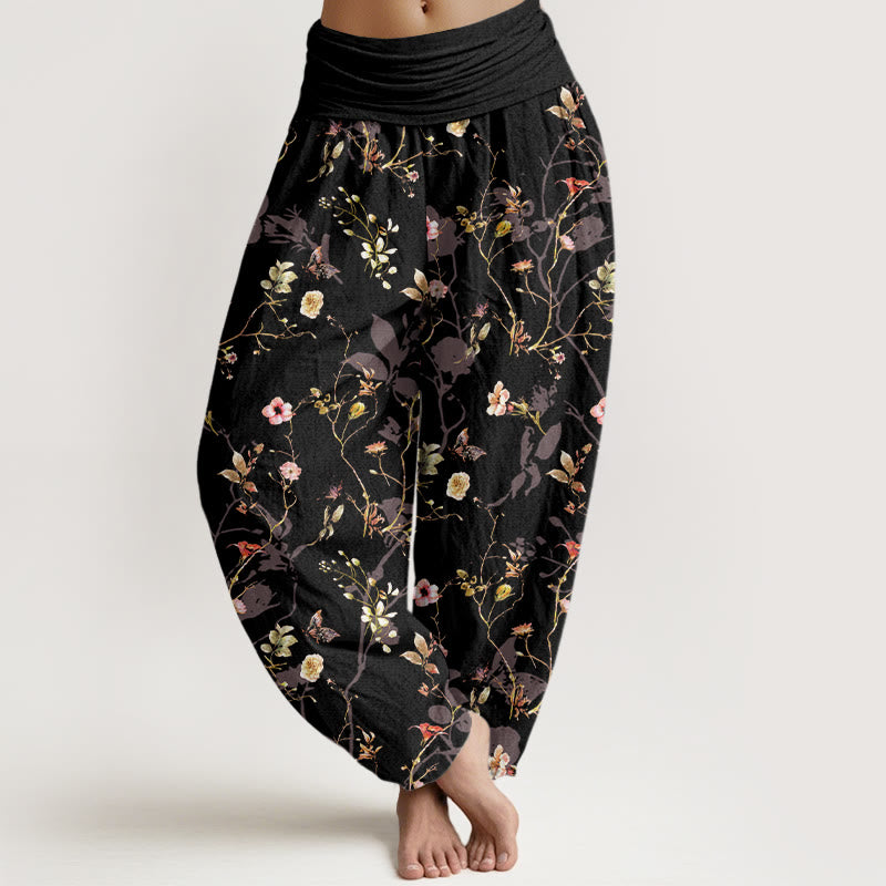 Spodnie haremowe damskie z elastyczną talią i wzorem w kwiaty w stylu retro z motywem liści i gałęzi z motywem Buddha Stones - Czarny - US16, UK/AU20, EU48 (3XL) - image 0