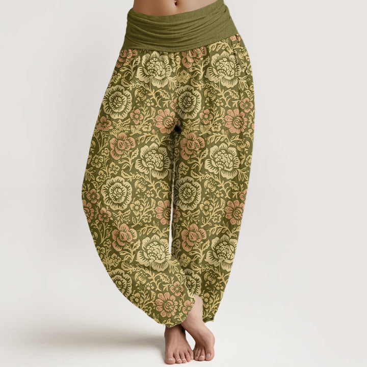 Spodnie haremki damskie z elastyczną talią i motywem kwiatowym w stylu vintage z motywem kamieni Buddha Stones z czystej bawełny - Oliwka - US16, UK/AU20, EU48 (3XL) - image 0