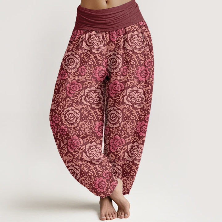 Spodnie haremki damskie z elastyczną talią i motywem kwiatowym w stylu vintage z motywem kamieni Buddha Stones z czystej bawełny - Ciemnoczerwony - US16, UK/AU20, EU48 (3XL) - image 5