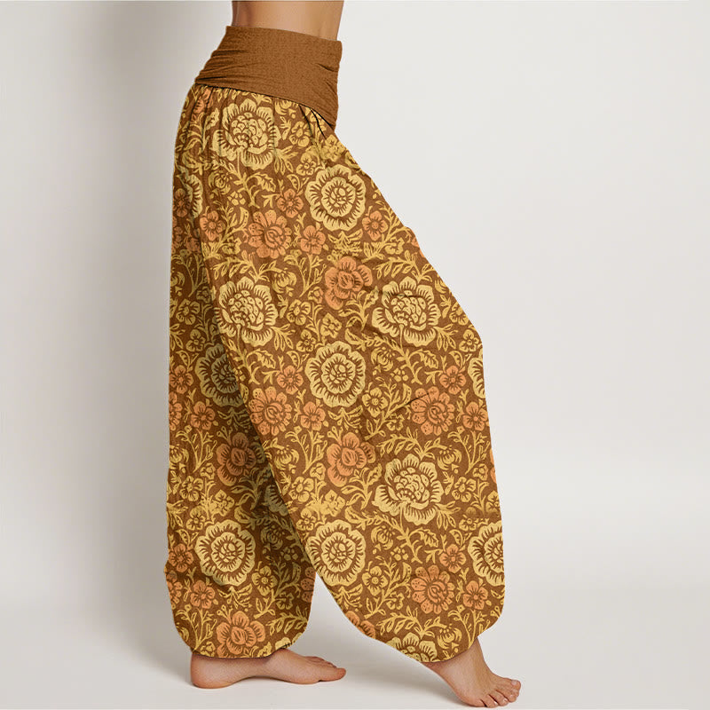 Spodnie haremki damskie z elastyczną talią i motywem kwiatowym w stylu vintage z motywem kamieni Buddha Stones z czystej bawełny - image 10