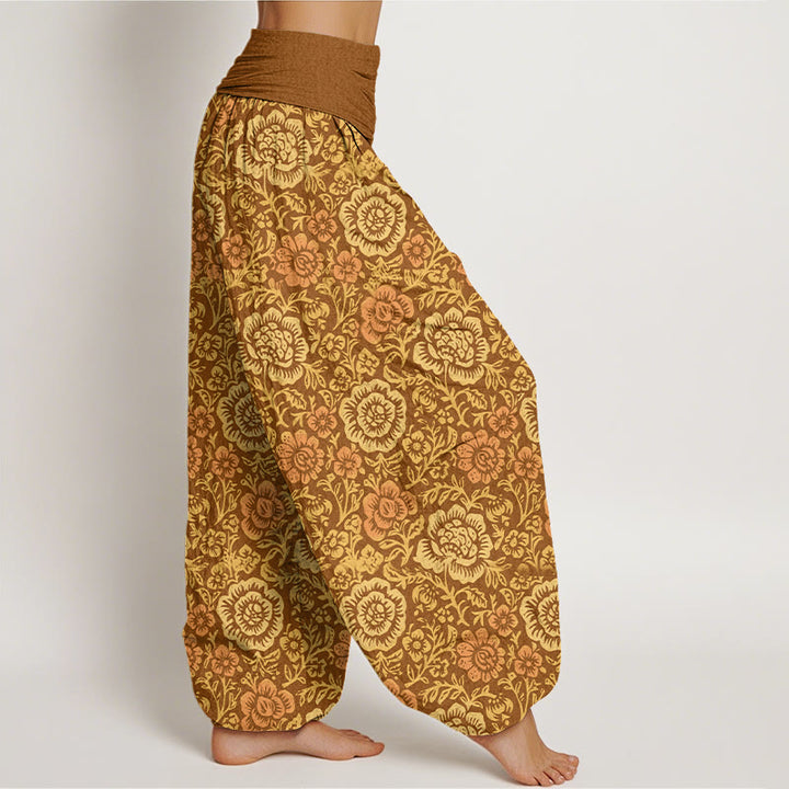 Spodnie haremki damskie z elastyczną talią i motywem kwiatowym w stylu vintage z motywem kamieni Buddha Stones z czystej bawełny - image 10