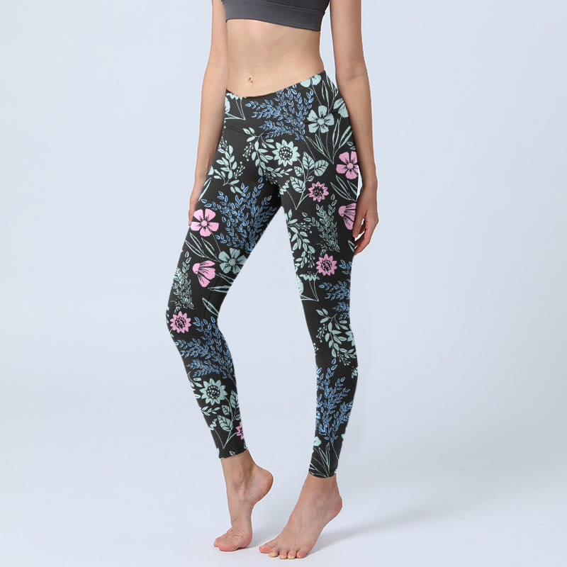 Legginsy do jogi Buddha Stones z kontrastowymi, wyrazistymi kolorami i wzorem kwiatów i liści w kwiaty - Czarny - US18, UK/AU22, EU50 (4XL) - image 0