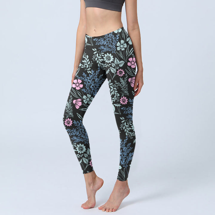 Legginsy do jogi Buddha Stones z kontrastowymi, wyrazistymi kolorami i wzorem kwiatów i liści w kwiaty - Czarny - US18, UK/AU22, EU50 (4XL) - image 0