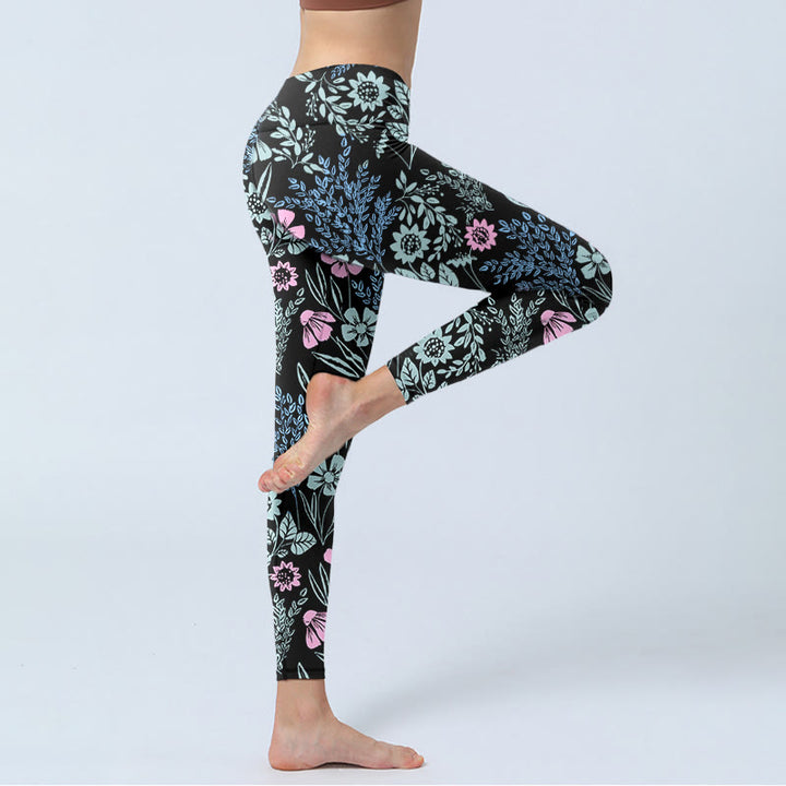 Legginsy do jogi Buddha Stones z kontrastowymi, wyrazistymi kolorami i wzorem kwiatów i liści w kwiaty - image 3