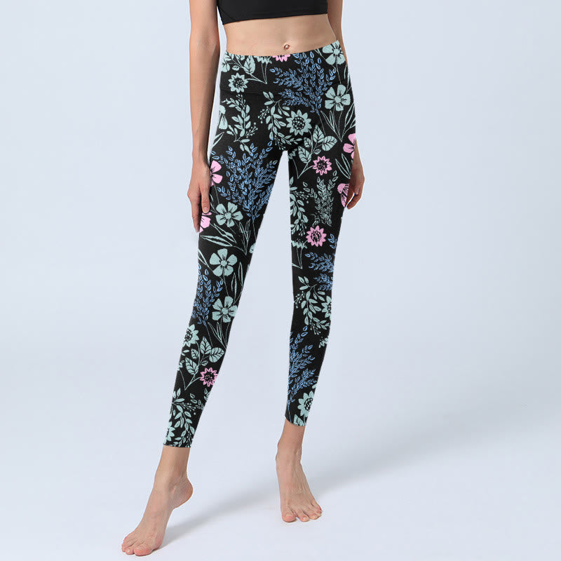 Legginsy do jogi Buddha Stones z kontrastowymi, wyrazistymi kolorami i wzorem kwiatów i liści w kwiaty - image 5