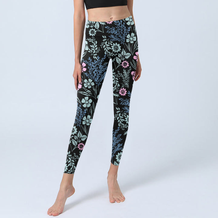 Legginsy do jogi Buddha Stones z kontrastowymi, wyrazistymi kolorami i wzorem kwiatów i liści w kwiaty - image 5