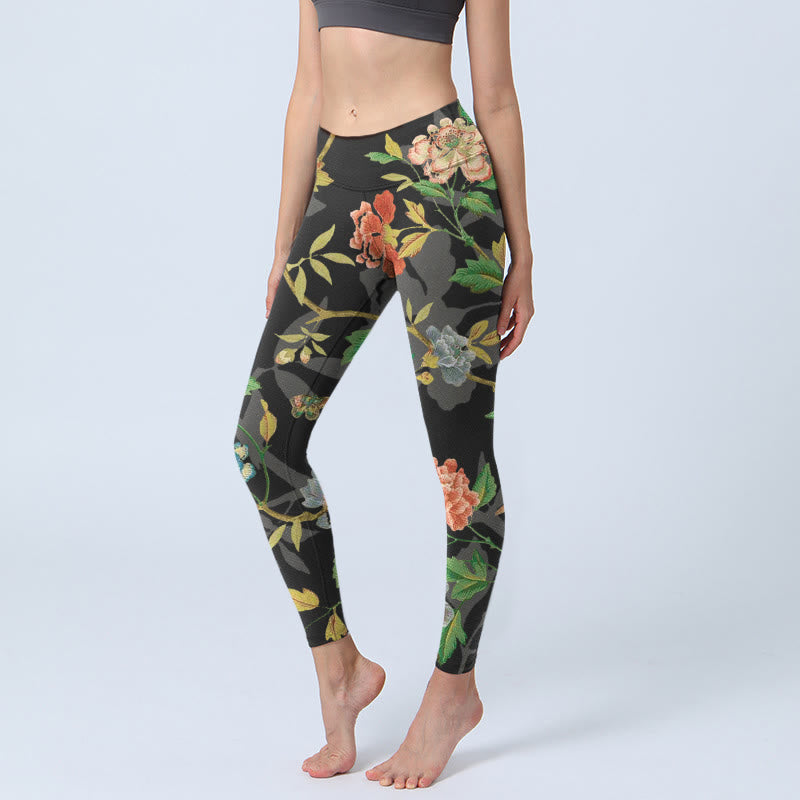 Buddha Stones, klasyczne, kwiaty, liście, motyle, ptaki, legginsy do ćwiczeń, damskie spodnie do jogi - Czarny - US18, UK/AU22, EU50 (4XL) - image 0