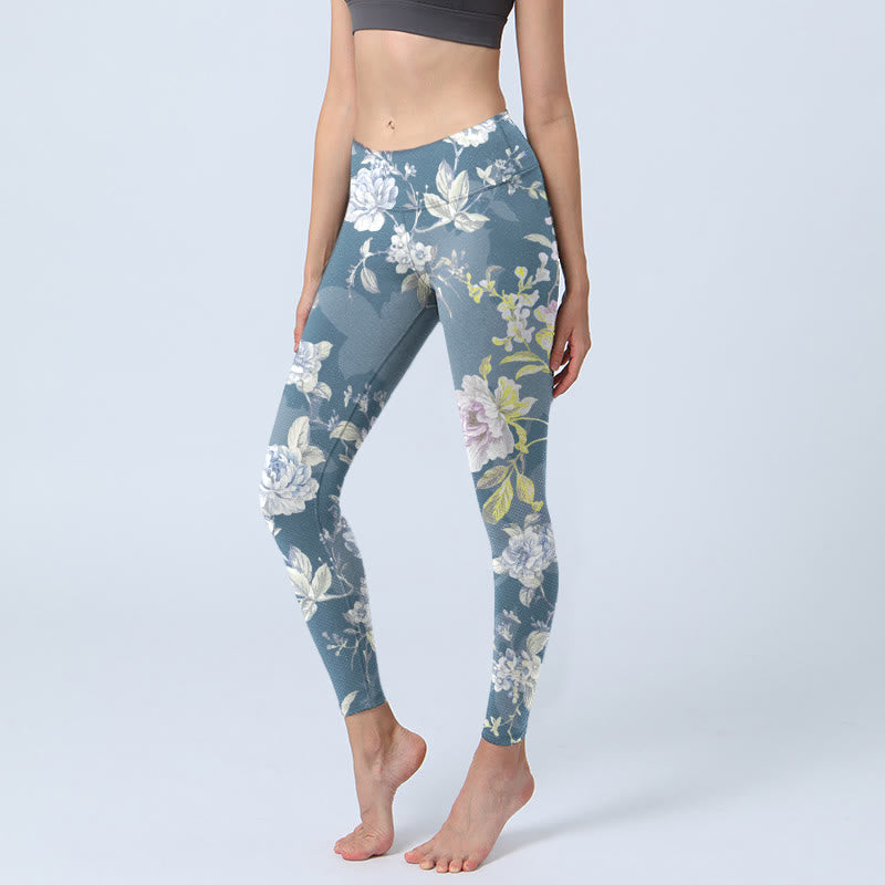Legginsy do jogi damskie z nadrukiem w kwiaty i liście z motywem Buddha Stones - Stalowoniebieski - US18, UK/AU22, EU50 (4XL) - image 0