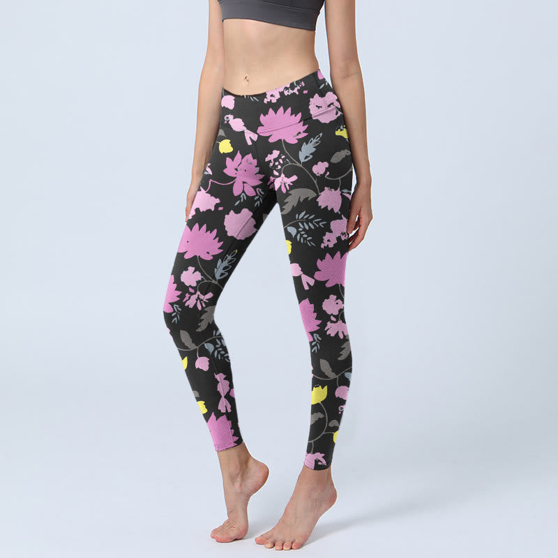 Legginsy do jogi damskie z nadrukiem w kwiaty i liście w stylu akwarelowym z motywem Buddha Stones - Czarny - US18, UK/AU22, EU50 (4XL) - image 0