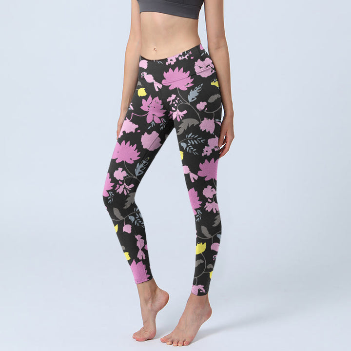 Legginsy do jogi damskie z nadrukiem w kwiaty i liście w stylu akwarelowym z motywem Buddha Stones - Czarny - US18, UK/AU22, EU50 (4XL) - image 0