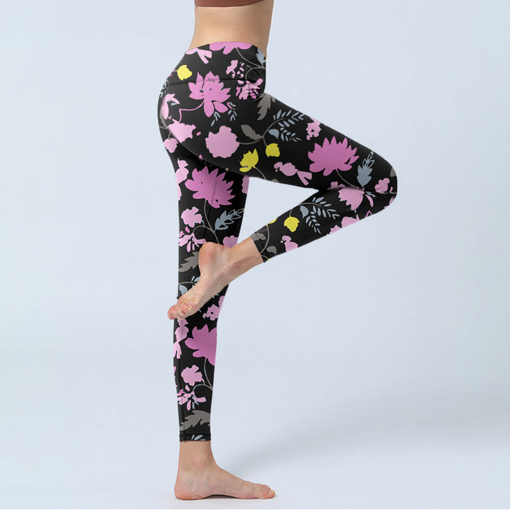 Legginsy do jogi damskie z nadrukiem w kwiaty i liście w stylu akwarelowym z motywem Buddha Stones - image 3