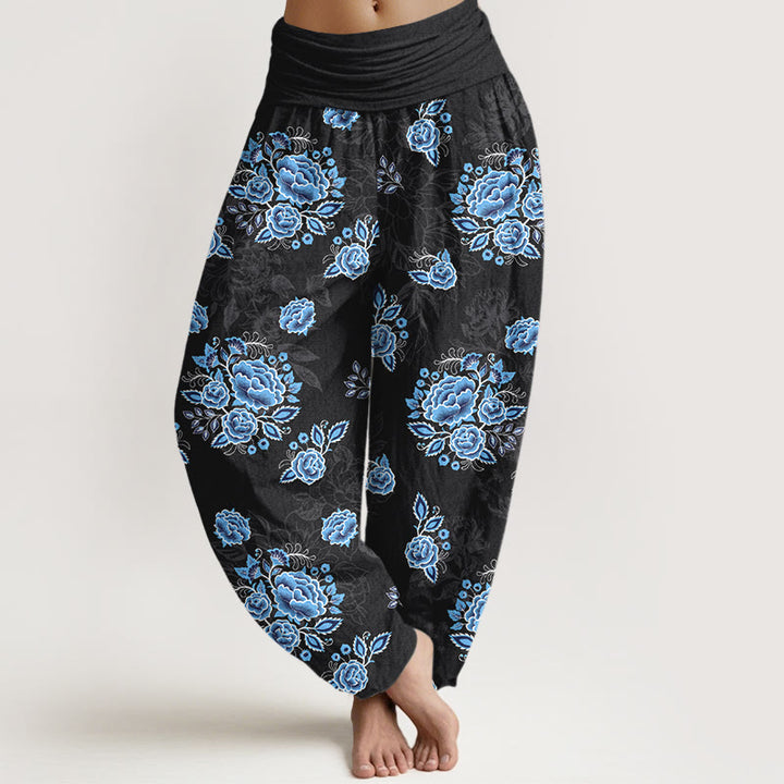 Buddha Stones Damskie spodnie typu haremki z elastyczną talią, wykonane z czystej bawełny, z wzorem w niebieskie kwiaty - Czarny - US16, UK/AU20, EU48 (3XL) - image 0