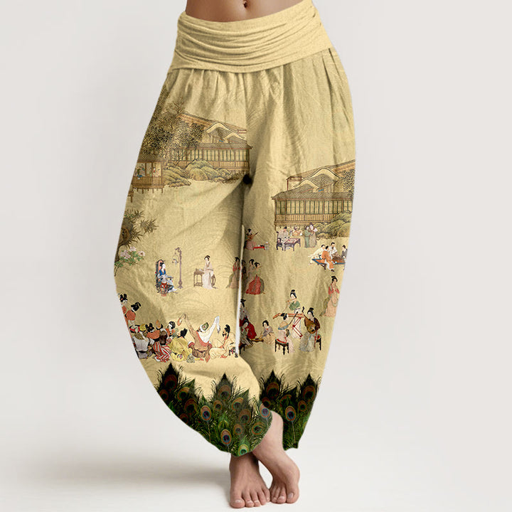 Buddha Stones Czysta bawełna Delikatnie kolorowe Ludzie Budynki Pawie Pióra Drzewa Kwiaty Skały Wzór Damskie Spodnie Harem Elastyczna Talia - Khaki - US16, UK/AU20, EU48 (3XL) - image 0