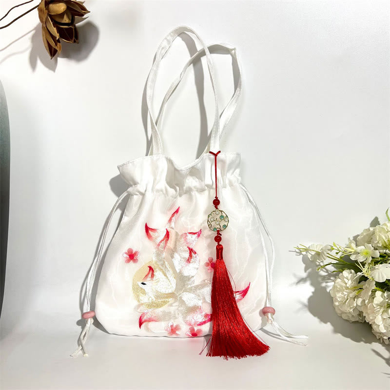 Buddha Stones Suzhou Haft Lotos Jeleń Epifyllum Piwonia Królik Bawełna Len Torba Crossbody Torba na ramię Torebka - Biały lis dziewięcioogonowy 21*22cm - image 22