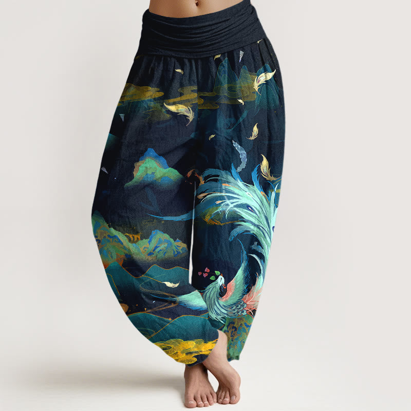 Buddha Stones damskie z elastyczną talią i wzorem w chmury górskie z motywem Feniksa, wykonane z czystej bawełny - MidnightBlue - US16, UK/AU20, EU48 (3XL) - image 0