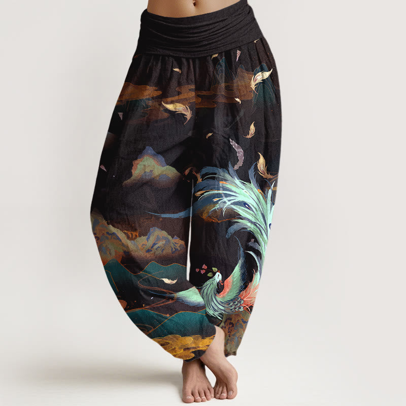 Buddha Stones damskie z elastyczną talią i wzorem w chmury górskie z motywem Feniksa, wykonane z czystej bawełny - Czarny - US16, UK/AU20, EU48 (3XL) - image 5