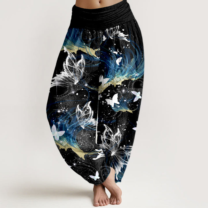 Spodnie haremowe damskie z elastyczną talią i wzorem motyli z czystej bawełny z motywem kamieni Buddha Stones - Czarny - US16, UK/AU20, EU48 (3XL) - image 0