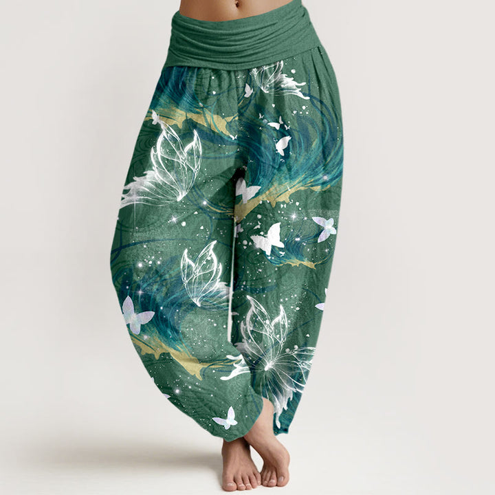 Spodnie haremowe damskie z elastyczną talią i wzorem motyli z czystej bawełny z motywem kamieni Buddha Stones - SeaGreen - US16, UK/AU20, EU48 (3XL) - image 5
