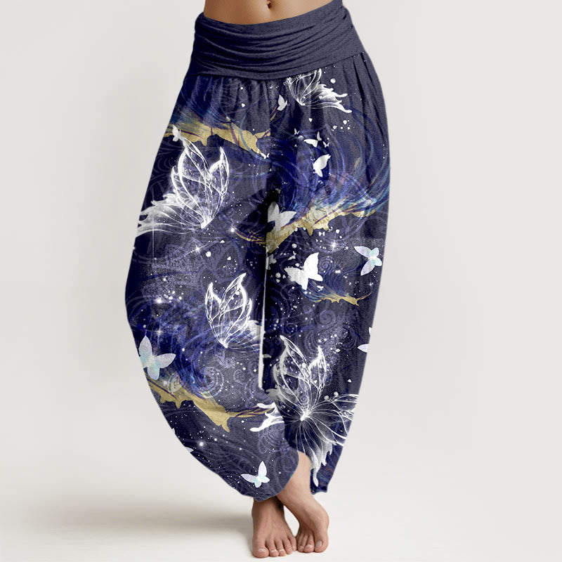 Spodnie haremowe damskie z elastyczną talią i wzorem motyli z czystej bawełny z motywem kamieni Buddha Stones - Indygo - US16, UK/AU20, EU48 (3XL) - image 8