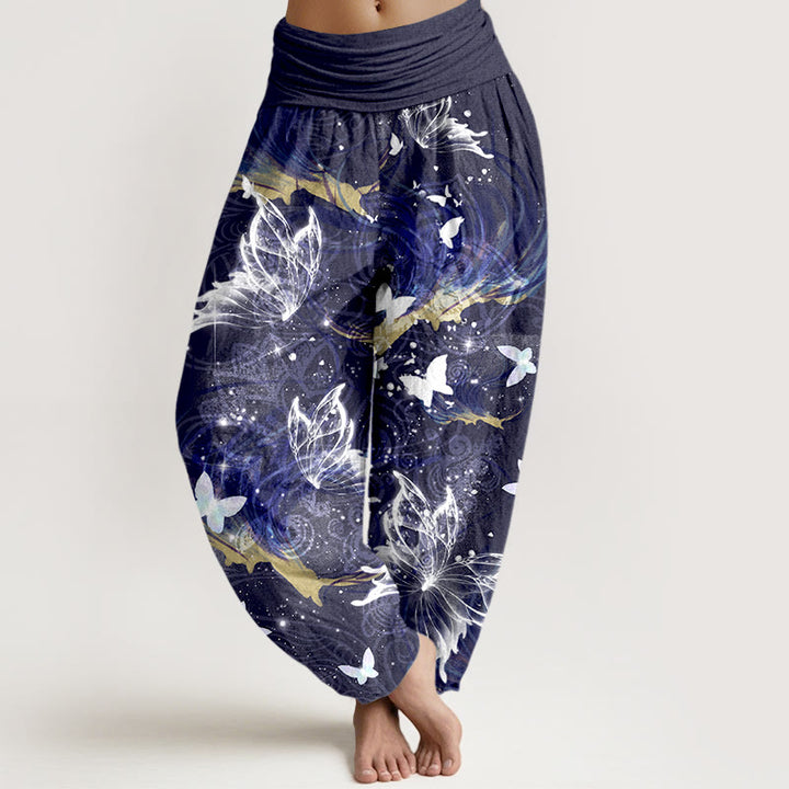 Spodnie haremowe damskie z elastyczną talią i wzorem motyli z czystej bawełny z motywem kamieni Buddha Stones - Indygo - US16, UK/AU20, EU48 (3XL) - image 8