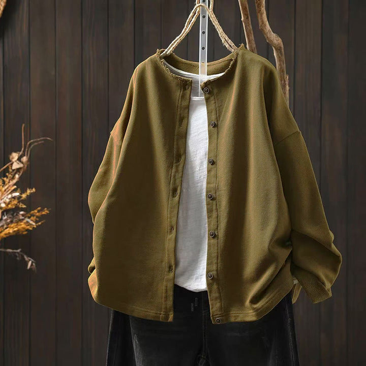 Koszula damska z bawełny Buddha Stones Fall z okrągłym dekoltem i długim rękawem - Ciemny Khaki - US4-8/10, UK/AU8-12/14, EU36-40/42 (F) - image 0