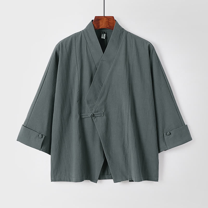 Buddha Stones, prosta, jednorzędowa chińska kurtka z żabą, bawełniano-lniane, męska, kimono z krótkim rękawem - CadetBlue - US/UK/AU54， EU64 (9XL) - image 1