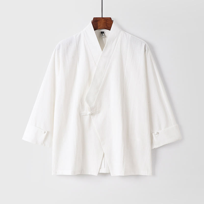 Buddha Stones, prosta, jednorzędowa chińska kurtka z żabą, bawełniano-lniane, męska, kimono z krótkim rękawem - Biały - US/UK/AU54， EU64 (9XL) - image 12