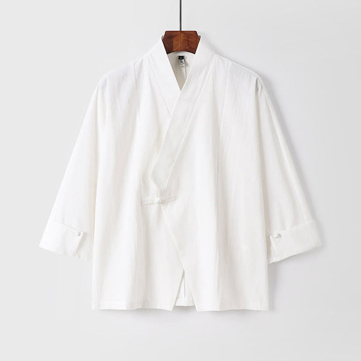 Buddha Stones, prosta, jednorzędowa chińska kurtka z żabą, bawełniano-lniane, męska, kimono z krótkim rękawem - Biały - US/UK/AU54， EU64 (9XL) - image 12