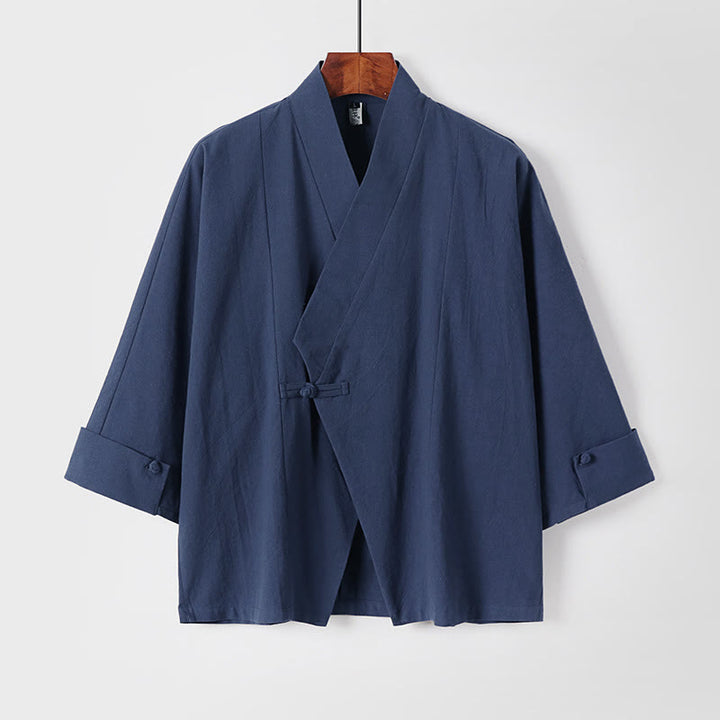 Buddha Stones, prosta, jednorzędowa chińska kurtka z żabą, bawełniano-lniane, męska, kimono z krótkim rękawem - Stalowoniebieski - US/UK/AU54， EU64 (9XL) - image 0