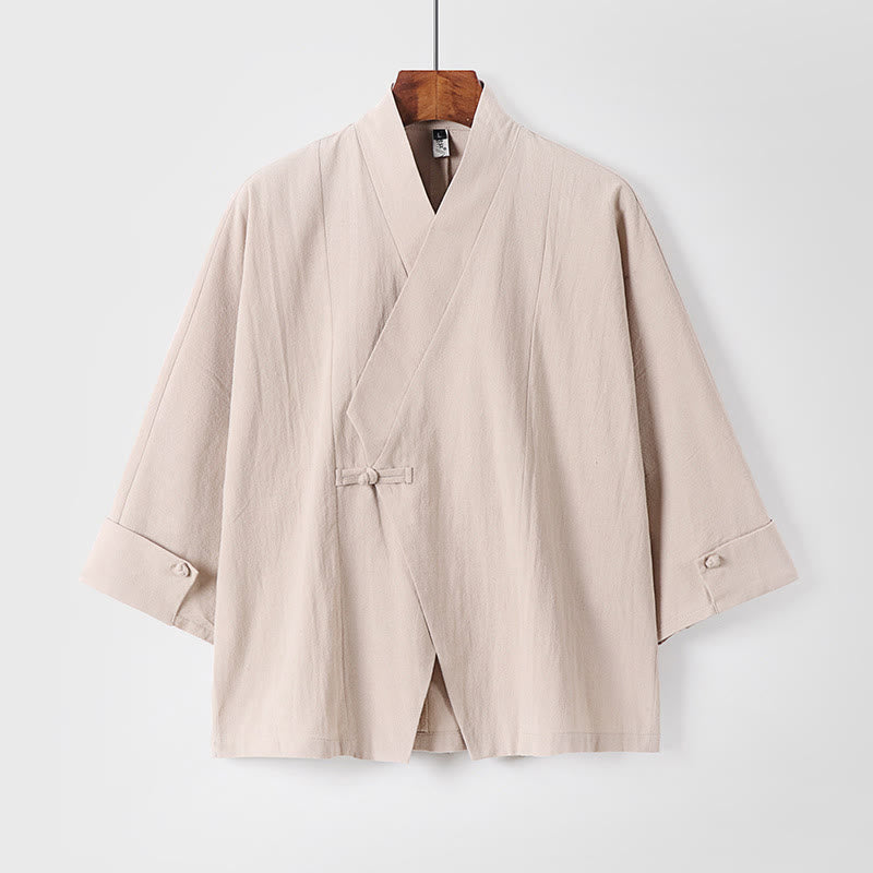 Buddha Stones, prosta, jednorzędowa chińska kurtka z żabą, bawełniano-lniane, męska, kimono z krótkim rękawem - Beżowy - US/UK/AU54， EU64 (9XL) - image 11