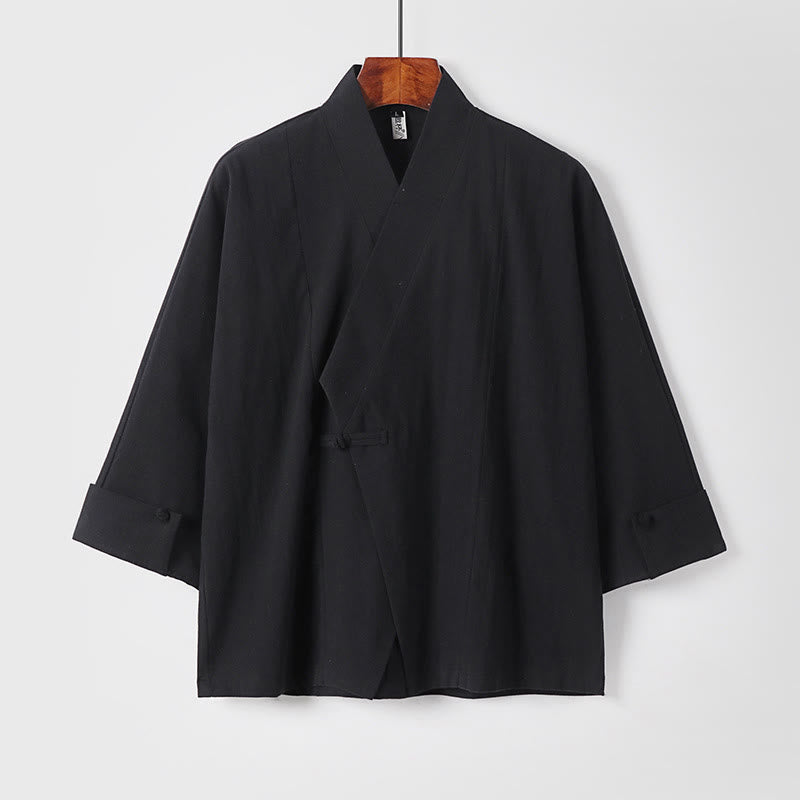 Buddha Stones, prosta, jednorzędowa chińska kurtka z żabą, bawełniano-lniane, męska, kimono z krótkim rękawem - Czarny - US/UK/AU54， EU64 (9XL) - image 10